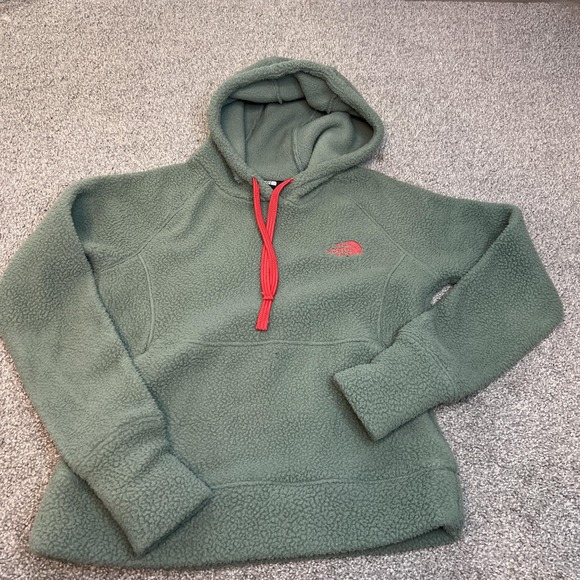 The North Face Sherpa Fleece Hoodie Womens Small Green Pullover Kangaroo Logo - Picture 1 of 11